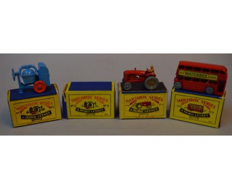 3 Matchbox Moko Lesney models: No. 3 Cement Mixer (2 boxes); No. 4 Massey Harris Tractor; No. 5 London Bus. (GB)