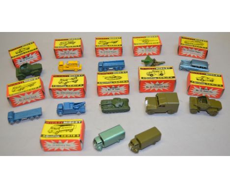 11 x Benbros Mighty Midget models, all boxed: two 12 Scout Car; 14 Tank;  16 Station Wagon; 20 Flat Truck; 21 Diesel Wagon; 2