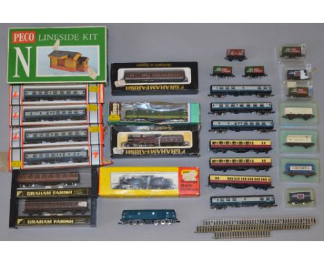 N Gauge. 4 x locomotives together with 22 x rolling stock (Coaches & wagons) & model kit.