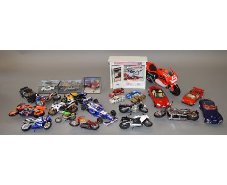Quantity of assorted diecast bikes and cars including Minichamps, Corgi, Pauls Art Models and AutoArt examples, various scale
