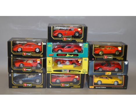 10 x 1:18 scale diecast model Ferraris by Maisto, Bburago, Jouef and Anson. G-E, all boxed. 