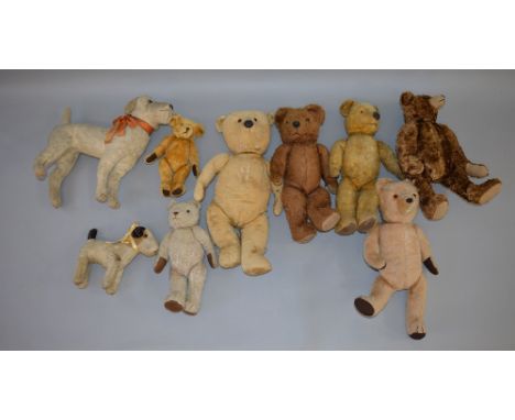 Nine assorted bears and soft toys, includes: Pedigree bear with growler, height 43 cm; reproduction bear with boot button eye