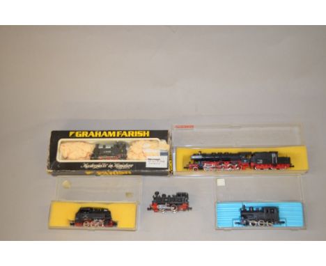 N Gauge. 5 x steam outline locomotives including Fleischmann 2-10-0 tender locomotive. Overall G. Some paint loss to smaller 