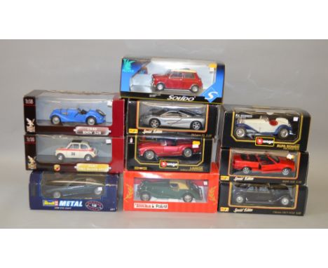 10 x 1:18 scale diecast model cars by Bburago, Maisto, Revell and others, includes BMWs. G-E, all boxed.