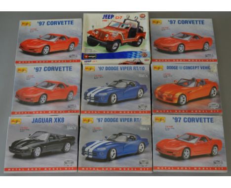 Metal model kits, 1:24 scale, all cars: eight Maisto; one Bburago. Some duplicates. All boxed, not checked if complete but so