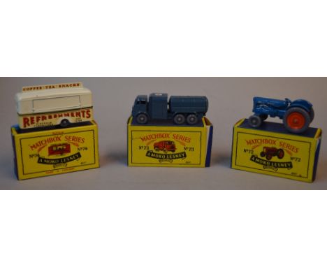 3 Matchbox Moko Lesney models: No. 72 Fordson Major Tractor; No. 73 Leyland RAF 10 Ton Refueller; No. 74 Mobile Refreshments 