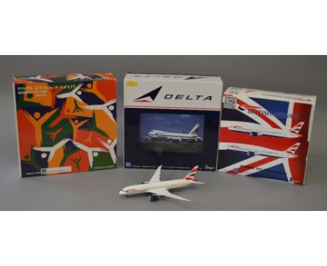 Inflight 200. 1:200 scale. Diecast aircraft. Includes British Airways Boeing 787-8, Delta Boeing 747-132 (Damaged wing tips) 