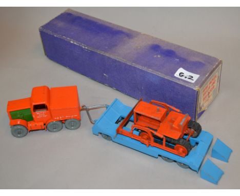 Lesney-Moko Prime Mover, Trailer and Bulldozer 'British Road Services', finished in orange with green engine covers, grey whe