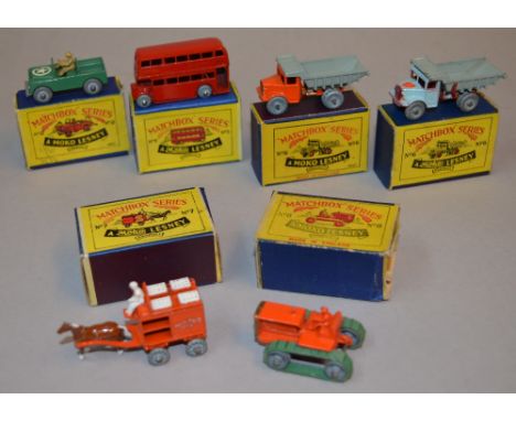 6 Matchbox Moko Lesney models: No. 5 London Bus; No. 6 Quarry Truck; No. 6 Quarry Truck (repainted); No. 7 Horse Drawn Milk F