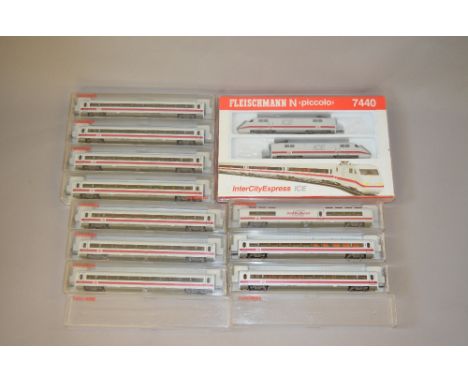 N Gauge. Fleischmann ICE, Inter city express set. Ref 7440 with 10 x coaches, makes up the full length train. VG in G boxes.