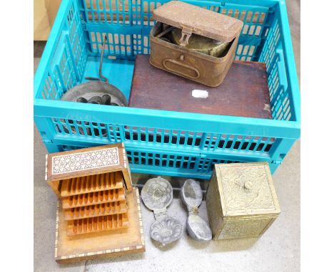 A collection of boxes including a 19th Century workbox, brass covered tea caddy, jelly mould, etc. 