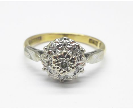 An 18ct gold and diamond cluster ring, 3g, K 