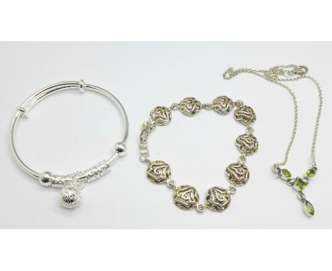 A 925 silver necklet, a bangle and a silver bracelet 