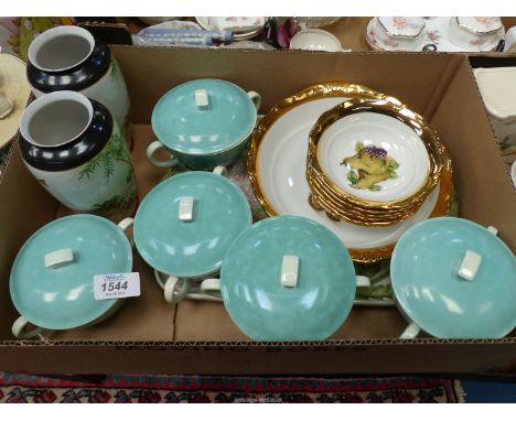 A small quantity of china to include; a pair of Japanese vases, five Poole pottery soup dishes with lids, a Czechoslovakian g