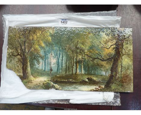 A hand painted Tile titled 'Through The Woods' depicting a forest scene with a single figure, impressed mark 'Copeland' to ba