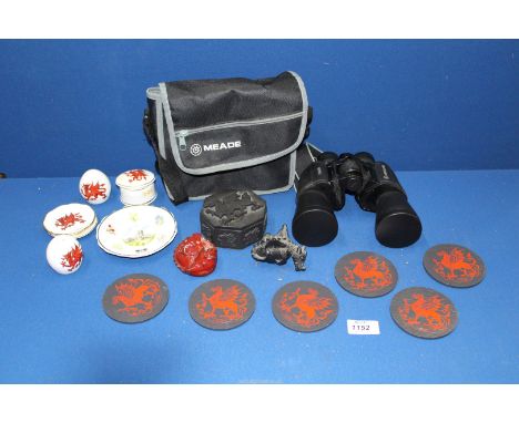 Various Welsh trinkets including Welsh Coal trinket box, slate coasters etc. and a pair of Meade 10 x 50 binoculars.