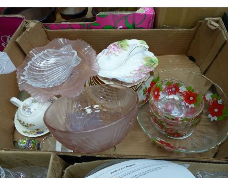 A quantity of glass including a floral decorated fruit set, frosted pink glass bowl and comport etc. plus small quantity of c