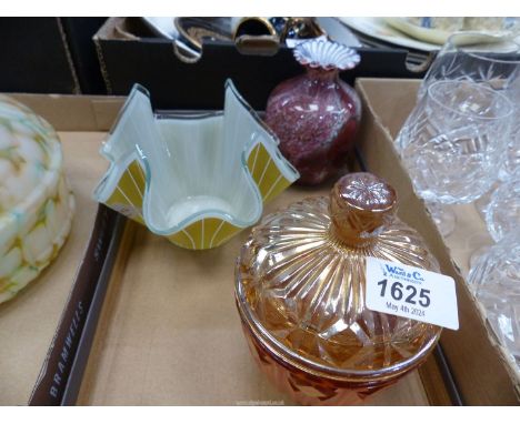 A handkerchief vase, Channel Island ruby vase and a preserves jar.