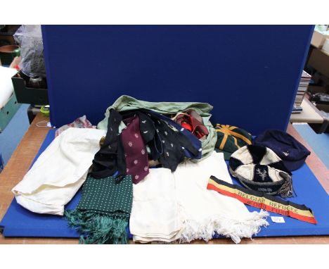 A quantity of vintage gents accessories to include three caps, two being school caps by New & Lingwood and the other a rugby 