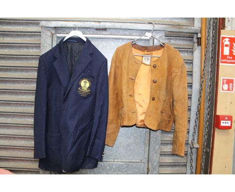 A 'CP Leather Company' cropped Nubuck leather jacket (size M) and a Royal Essex Navy blazer with 'Medical College Bengal Tabl