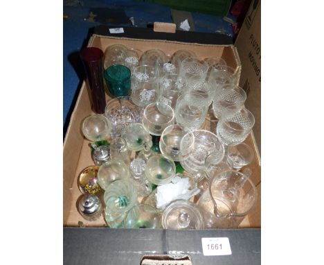 A quantity of glass including; six hobnail cut out wine glasses, four Webbs brandy glasses, illusion glasses, jug preserve po