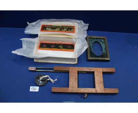 A small frame with an oval green blue velvet mask for a portrait, a Beards Patent Eclipse Mahogany & Brass self-feeding and w