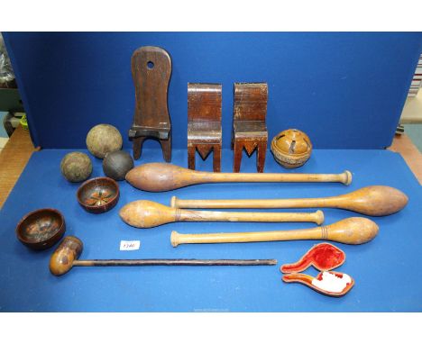 A quantity of mainly wooden items including a pair of "M" motif fretworked miniature chairs with scroll backs, 7 7/8'' high, 