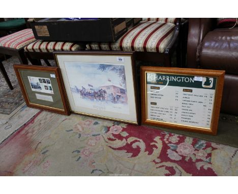 A limited edition print of a Bass Brewers Dray Horse, a framed Charrington Brewery price list and a wooden framed 1985 First 