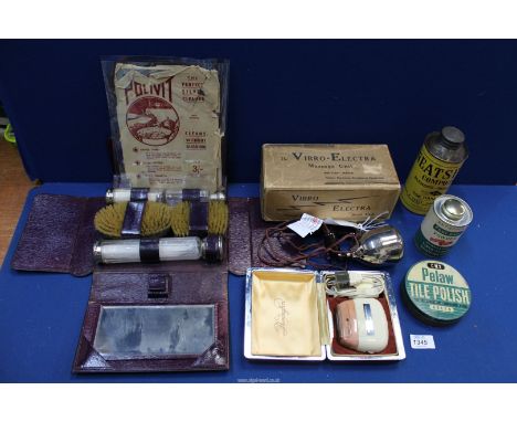 An original boxed "The Vibro-Electa Massage Unit" (strictly for display only), a Neatsfoot compound tin, a tin of "Antiseptic