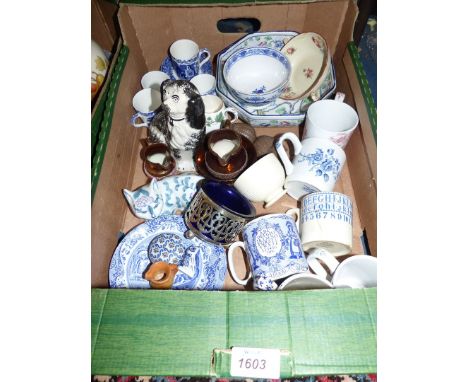 A quantity of china including blue and white Abbey coffee cans and saucers, Italian Spode tea plates, Alphabet mug, etc.