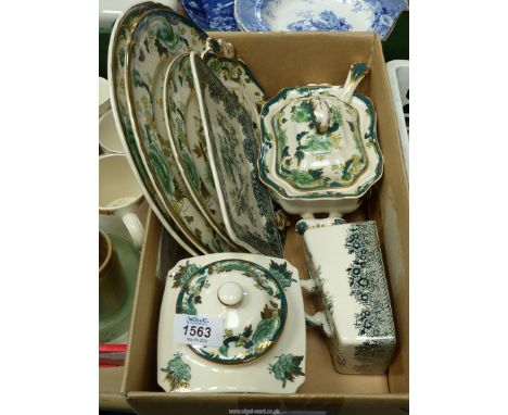A quantity of Masons Ironstone 'Chartreuse' china to include; three dinner plates,  square ginger jar (6" tall), lidded turee