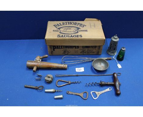 An old Palethorpe Royal Cambridge Sausages cardboard Box containing a blue glass lined pewter Pepperette, an emerald green gl