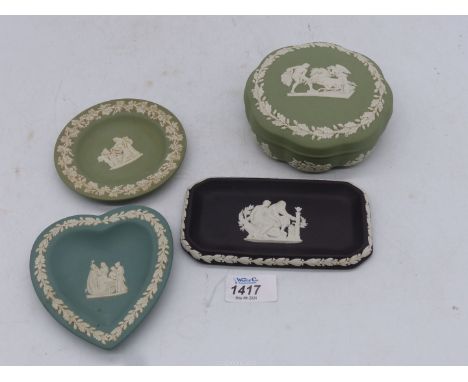A black and white Wedgwood Jasper ware tray, 6" long and sage green circular box, 5" diameter, a similar trinket dish and rar