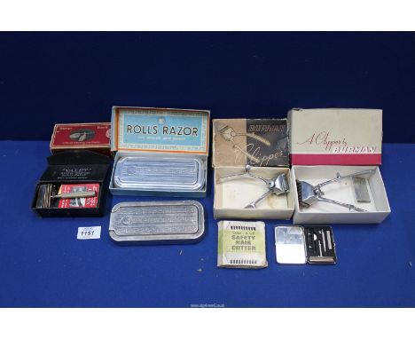 A quantity of gent's Shaving equipment including; Valet safety razor, two Rolls razors, two pairs of hand clippers boxed, Com