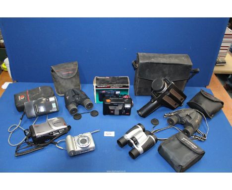 A small quantity of cameras and binoculars including; Praktica binoculars, Hanimex 35ES, Olympus cameras, etc.