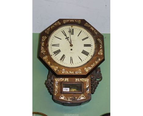 A mother of pearl inlaid Rosewood cased drop-dial Wall Clock, the single fusee movement having Roman numerals and the name, W