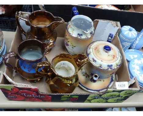A Carltonware Teapot with stand and matching hot water jug, a Wade lustre jug plus two others.