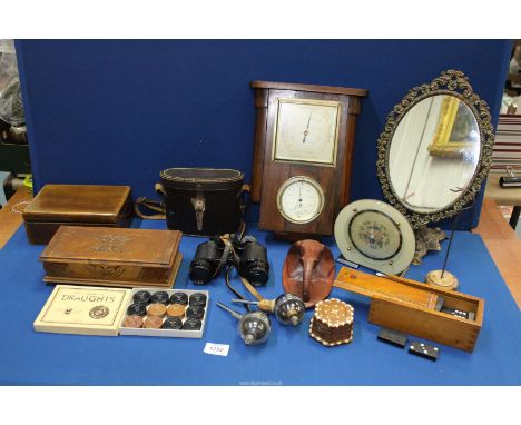 A quantity of treen including; Rototherm barometer/thermometer, card boxes, Dominoes, elephant plaque plus a brass framed ova