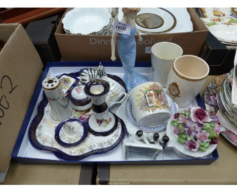 A quantity of china to include a Victorian Hat pin holder, 'Old Westbury White Horse' cup, 'T.F. & S.L. England' Dressing tab