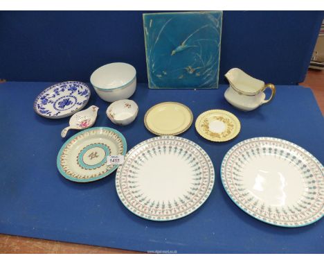 A small quantity of china including; two Derby plates, Minton Hollins & Co tile, Royal Crown Derby posies bowl and tea strain