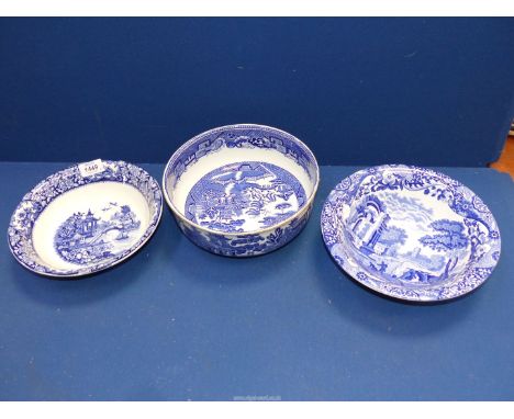 Three blue and white bowls to include; Copeland Spode Italian (a/f), John Tams Ltd Crown pottery bowl, etc.