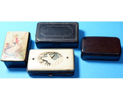 4 19th century snuff boxes black lacquer picture young woman with wine jug, black lacquer with pewter line inlay (a.f.) black