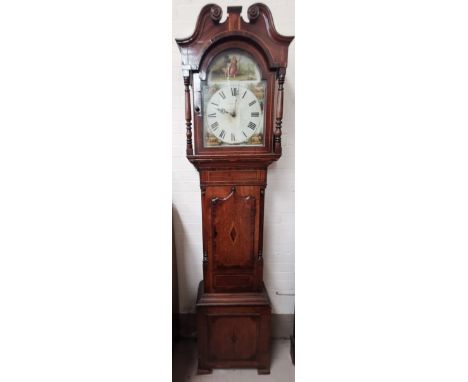 An early 19th century longcase clock, inlaid crossbanded oak case, the hood with swan neck pediment and turned side column 