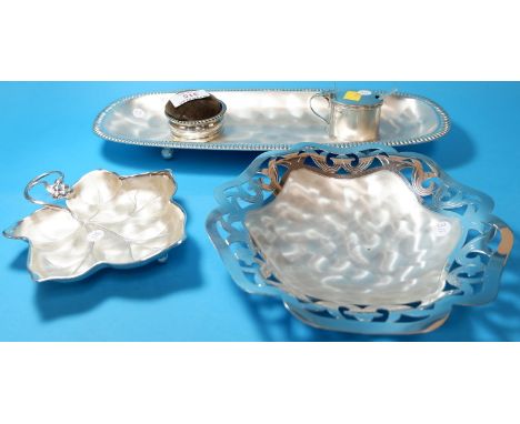 A silver oval salt, London 1930; a velvet pin cushion/trinket box in silver surround, Chester, 3.5 oz; 3 silver plated dishes