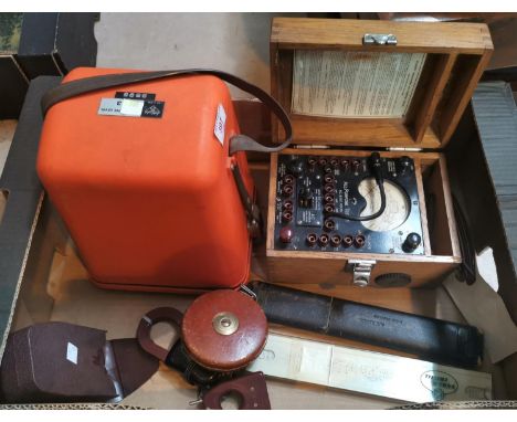 SOKKISTLA Automatic Level C3, stand and measuring stick; An "All Purpose Tester AC/DC volts" in an oak case; 2 slide rules; a