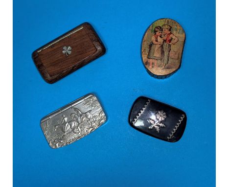 4 19th century snuff boxes, black lacquer picture of 7 children, black lacquer with pewter filigree inlay, rosewood with flor
