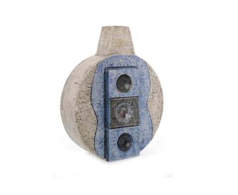 TROIKA LAMP BASEof circular form, with square tapering neck, decorated with geometric, and curved patterns, in blue and grey,