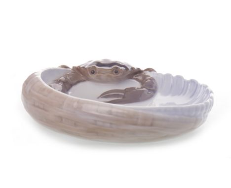 ROYAL COPENHAGEN 'CRAB' ASHTRAYprinted and impressed marks to base, of oval, shell shaped form, with a crab perched on the ri