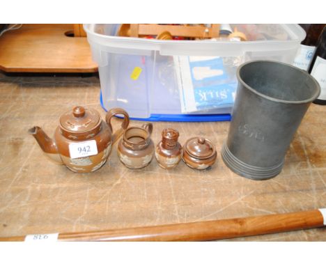 Doulton Lamberth harvest ware tea pot, mustard, pepperette and a antique pewter tankard