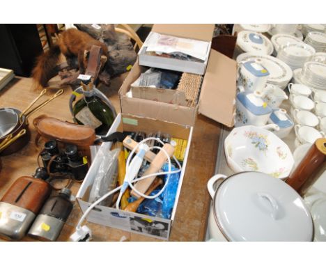 Two boxes containing modern and vintage leatherworking tools and basket making tools
